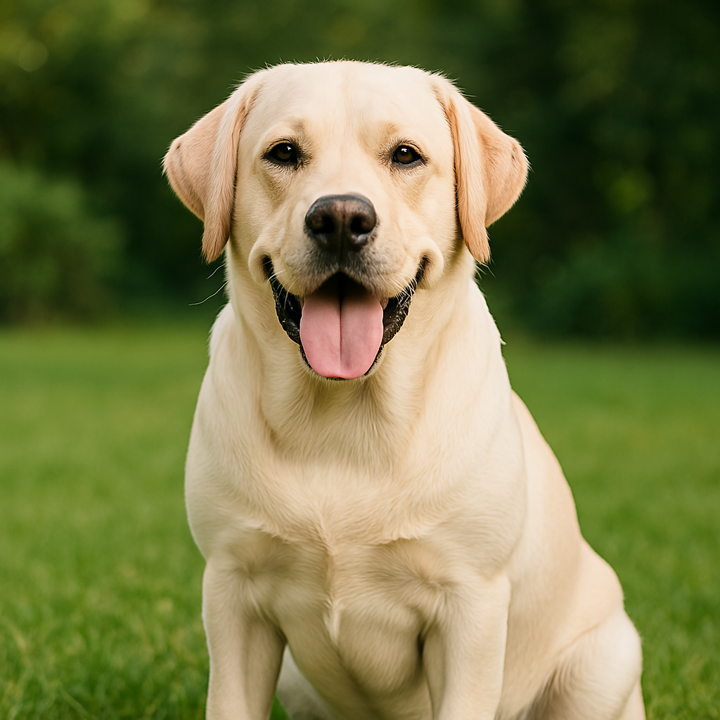 Happy Labrador Retriever puppy sitting